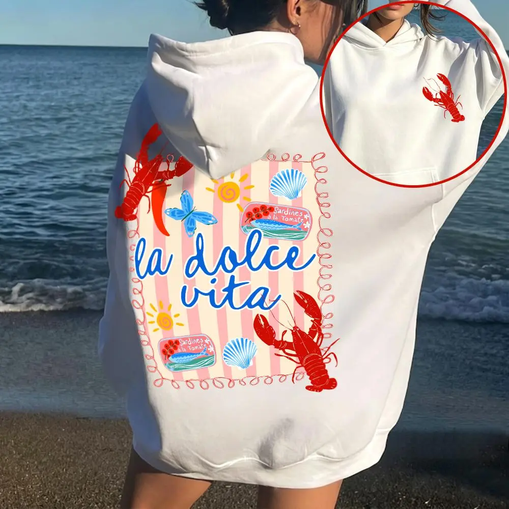 Women's Oversized 'La Dolce Vita' Graphic Hoodie - Preppy Coastal Pullover with Lobster Back Print, Soft Cotton-Polyester Blend Fabric, Essential Clothes, 3XL Fits, Stylish, Do Not Dry Clean