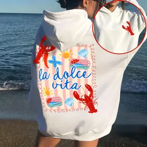 Vintage Lobster Graphic Cotton Hoodie La Dolce Vita Back Print Oversized Sweatshirt With Pocket Preppy Coastal Summer Night Hooded Top