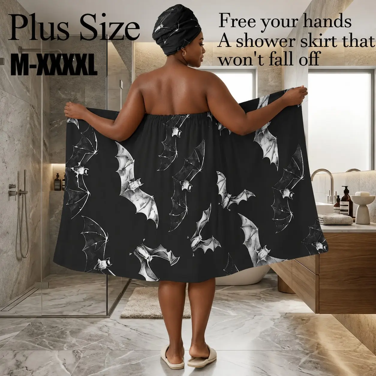 2 pcs Halloween Retro Bat Print Bath Skirt Set, Non-Slip Absorbent Wearable Towel, Sizes M‑XXXXL, Ideal for Spa, Beach, Festive Events