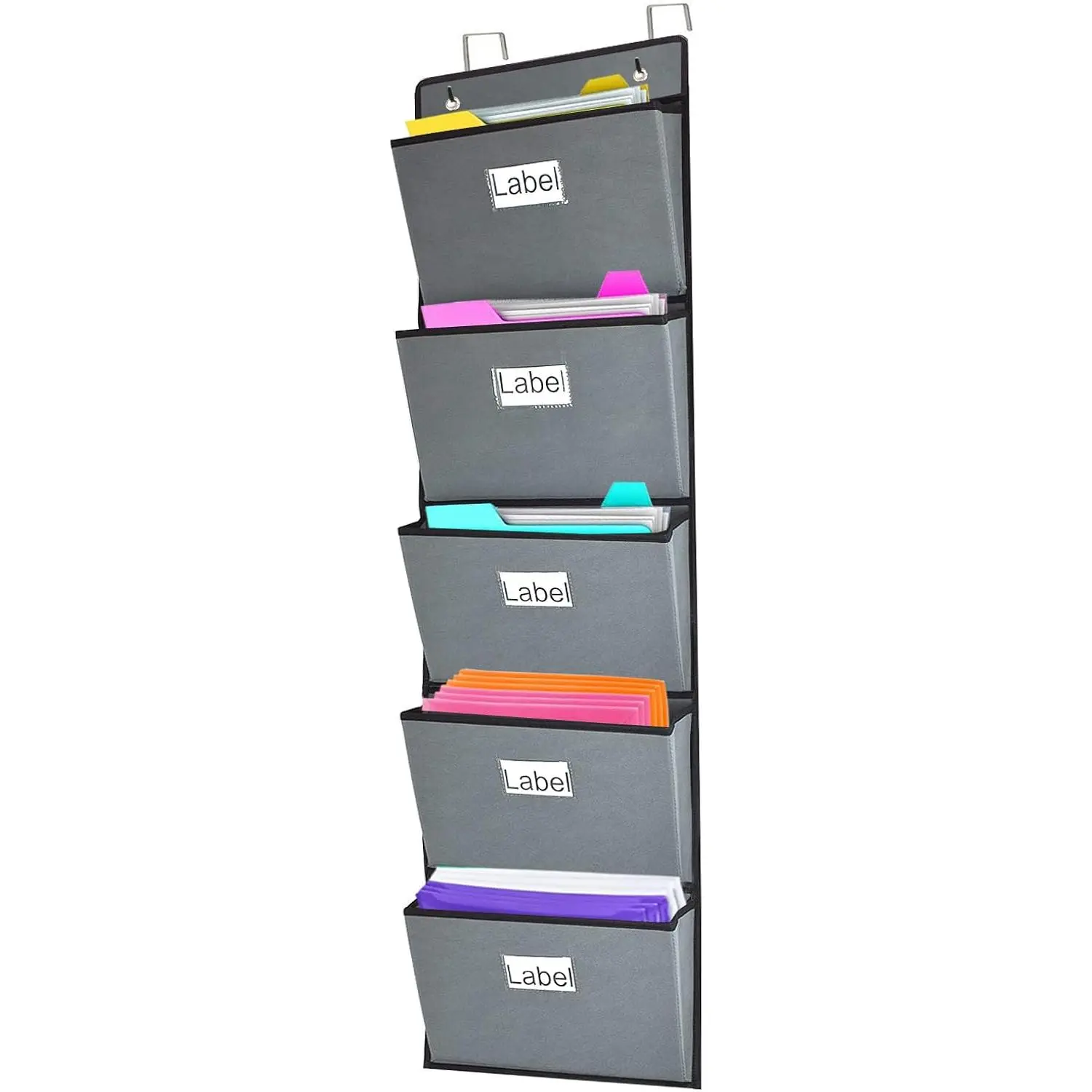 Over the Door  File Organizer 5  Pockets Wall  File Folders Organizer Holders, Office Supplies Storage Pocket Chart for Paper Mails Planners Notebooks,Gray