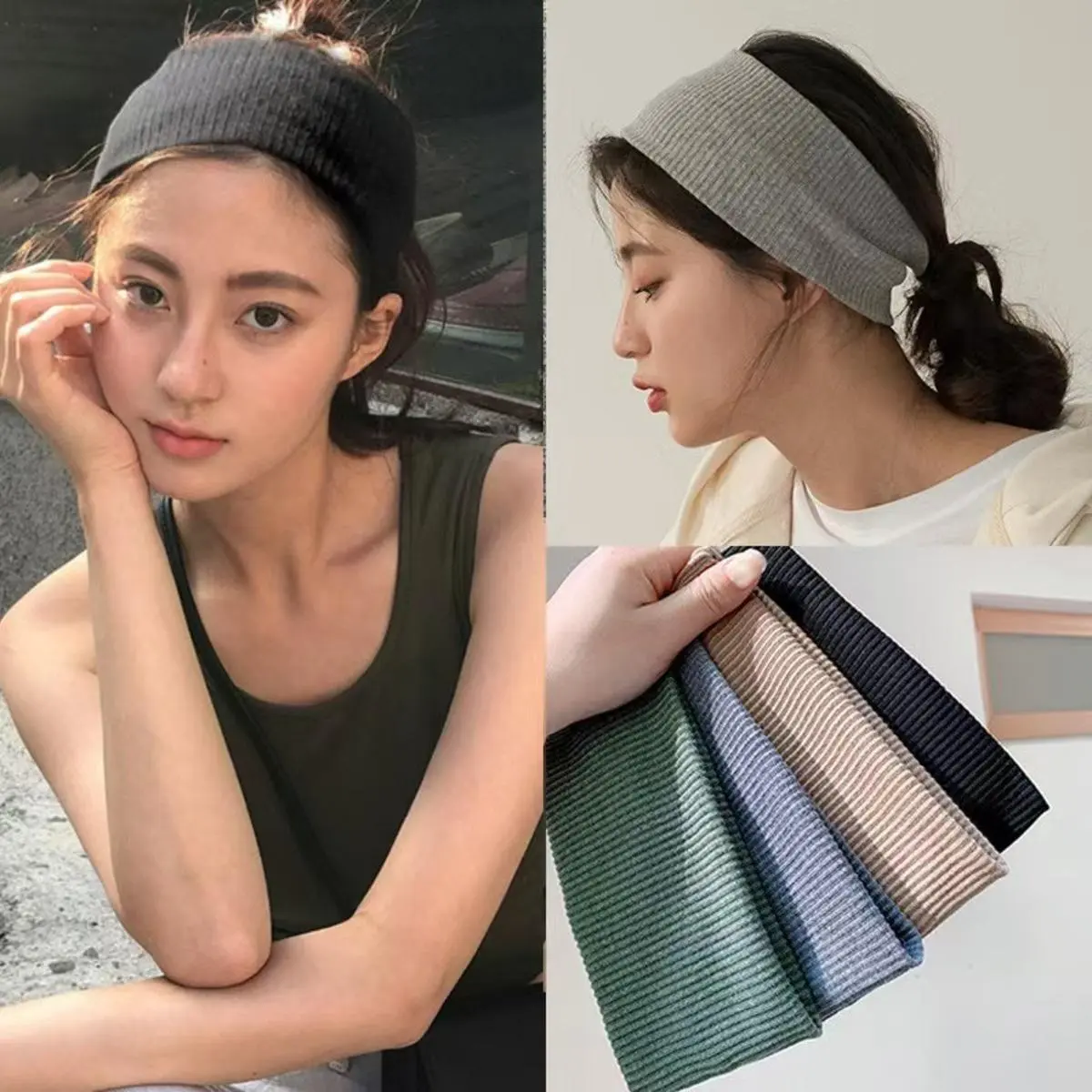 Women's Fashion Cotton Ribbed Headband - 9x18.5cm (9Cm * 18.5Cm), 25g, Soft Wide Thick Elastic Band, Simple Plain Metal Accent, Korean-Style Hair Accessory for Daily Casual Wear