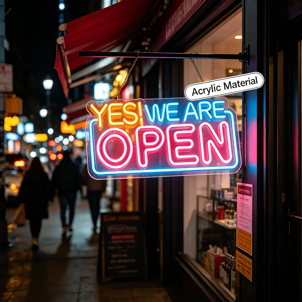 1pc Yes We Are Open LED Neon Sign, Acrylic Backboard USB Powered Commercial Neon Light, Rectangle Shaped Bright Glow Wall Hanging Decor Sign for Bar Cafe Shop Window Birthday Party Business Store Welcome Decoration