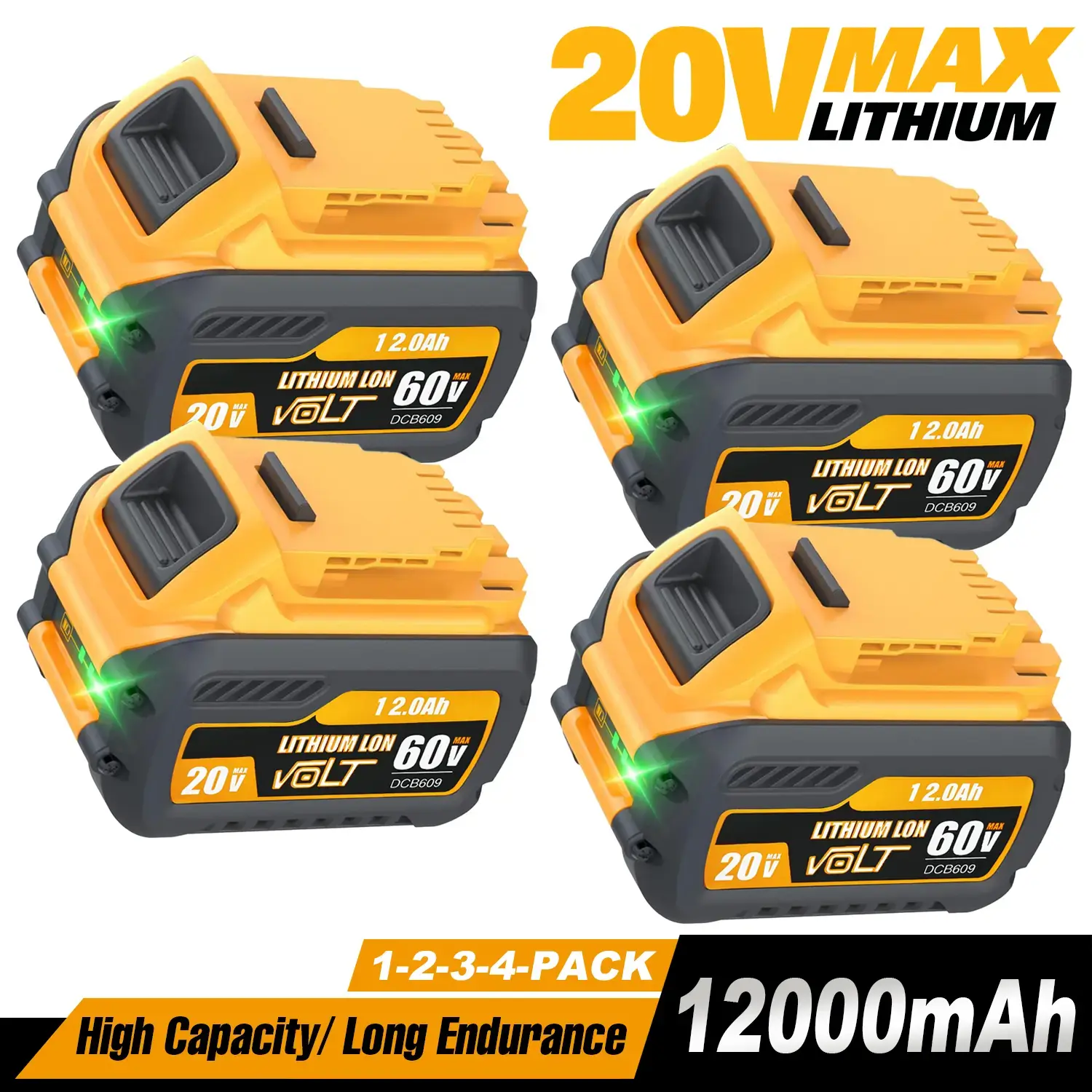 High Capacity 12Ah Replacement for Dewalt 20V 60V Max Battery 1/2/4 Pack, Compatible with DCB606 DCB609 DCB612, Compatible with DeWalt 20V 60V Cordless Power Tools