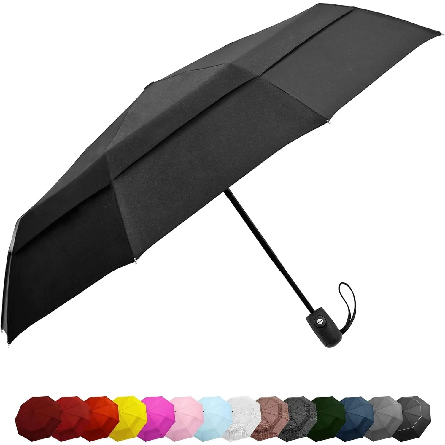 Windproof Travel Umbrella Auto Open Close, Compact 42" Folding Umbrella | Collapsible Rain Umbrella with Vented Double Canopy, Fiberglass and Steel Frame, Strong Wind Resistant