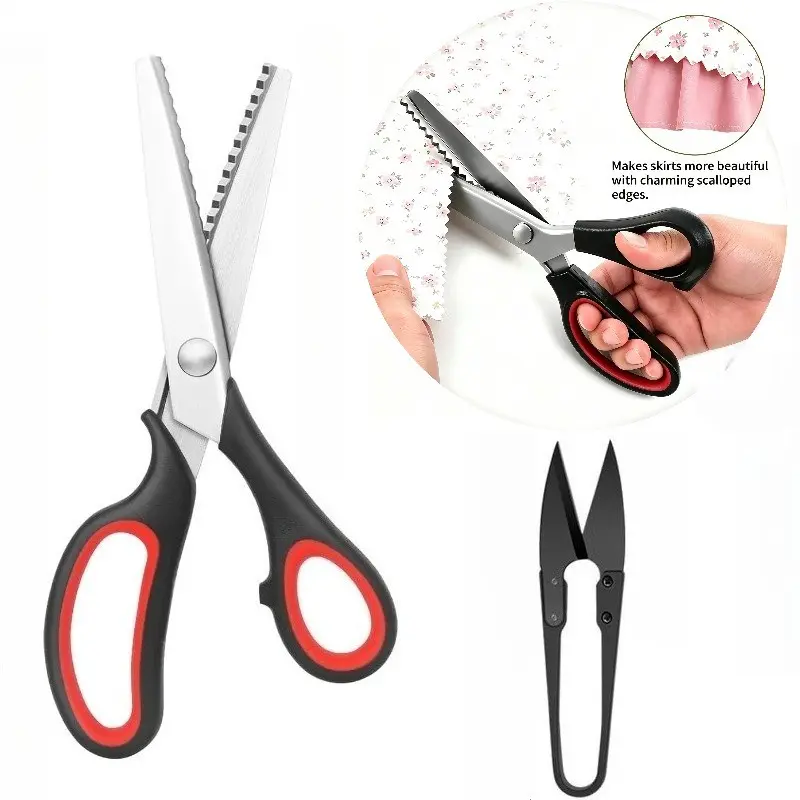 2PCS Lace Cutting Set, Stainless Steel Serrated Fabric Scissors+Yarn Scissors, Capable Of Cutting Patterned Fabric Edges, Controllable Cutting Of Fabric Edges And Corners, Decorative Trimming, Suitable For Fabrics,Leather, Paper, DIY Hand Sewing Supplies