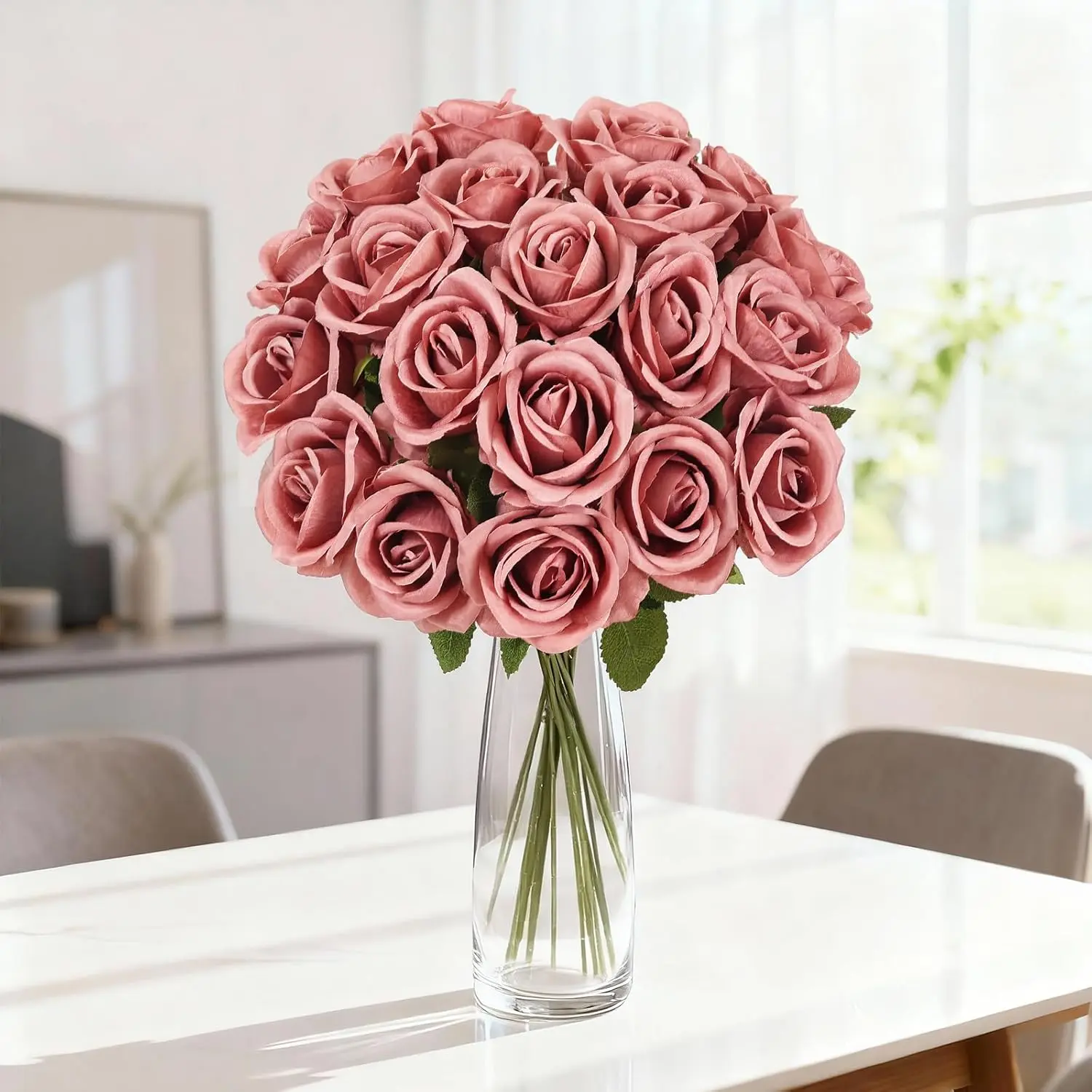 12/24/48PCS Artificial Roses with Long Stems - Realistic Velvet Flowers, Fake Roses Real Touch Bouquet of Roses for Mother's Day, Home Decor, Bridal Wedding Party, Bulk Faux Rose Flowers (Dusty Rose)
