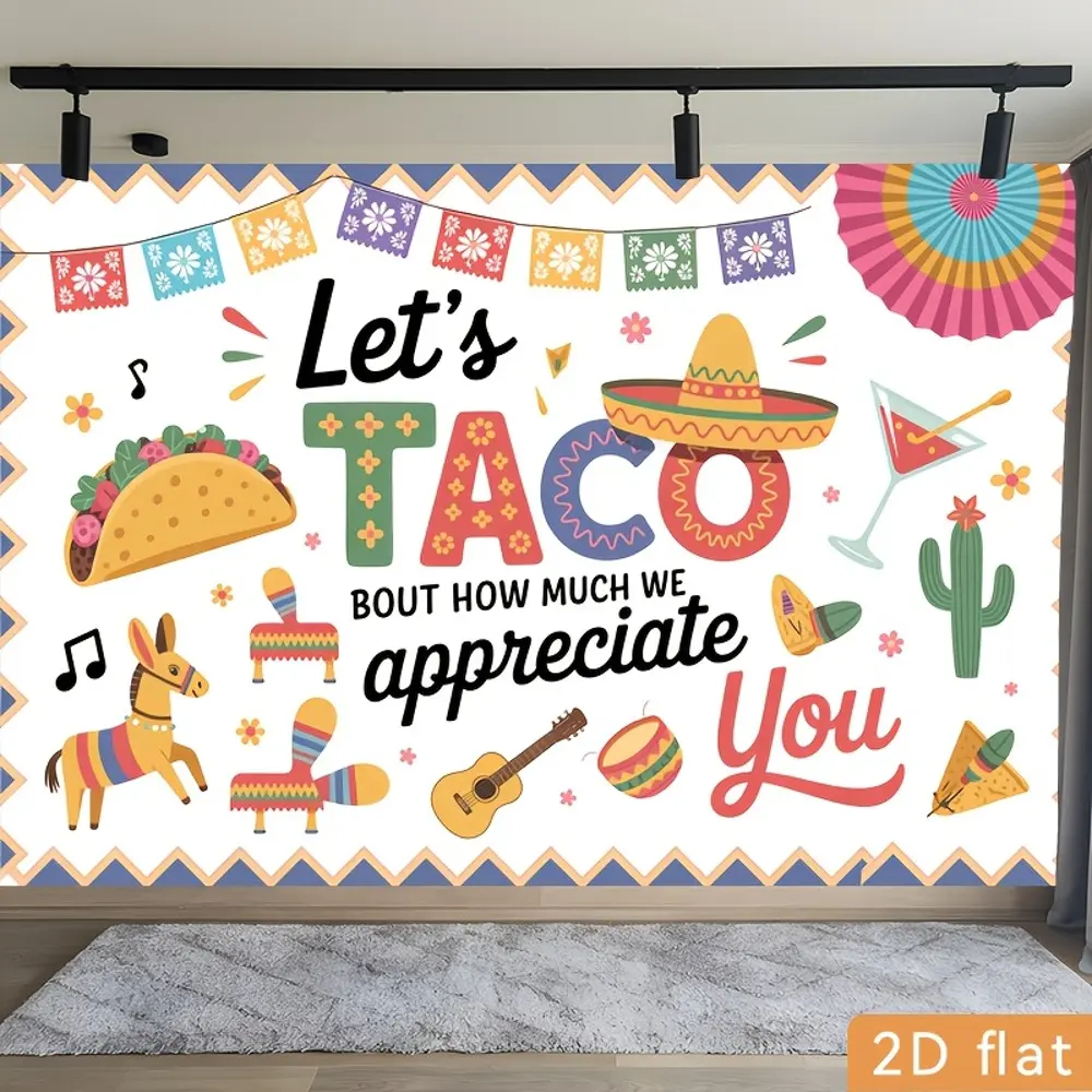 2D Flat Banner HD digitally printed polyester photography backdrop, soft lightweight foldable taco fiesta theme background cloth for Mexican themed appreciation parties, event decoration, product photos, portrait shooting, indoor