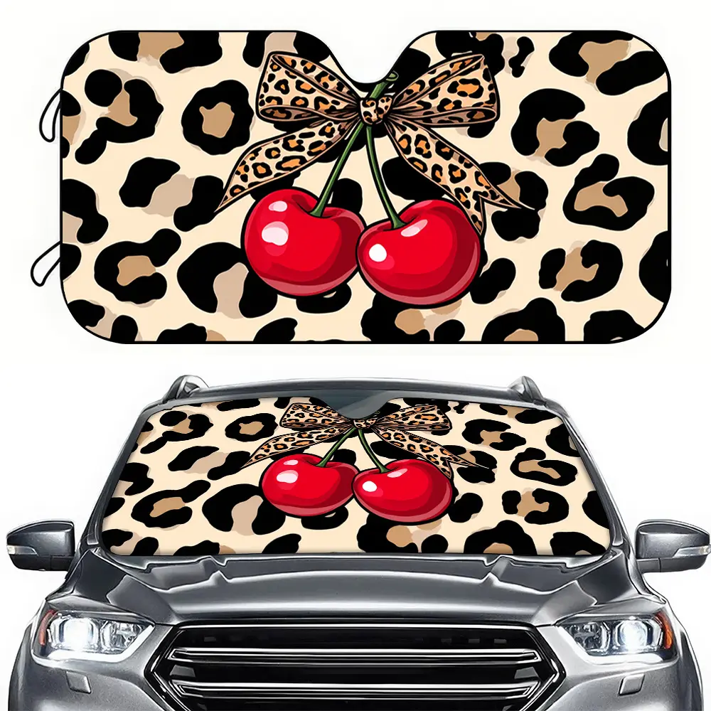 1pc Leopard Print Bow Tie Cherry Car Sun Visor Car Accessories | Uv Protection, Cooling, Suitable For Rvs, Universal Car Models, Suvs Decoration, Made Of Polyester Fiber, Car Sun Shades, Car Sunshade