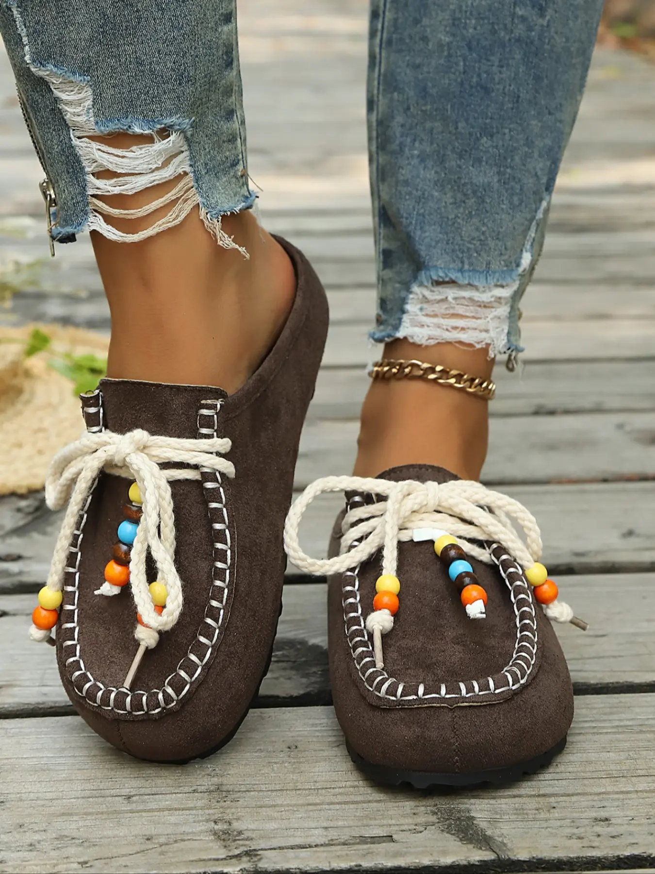 Ethnic Hemp Lace Up Mule Shoes Women Soft Sole Vintage Loafer Slides Plus Size Outdoor Daily Wear Sandals