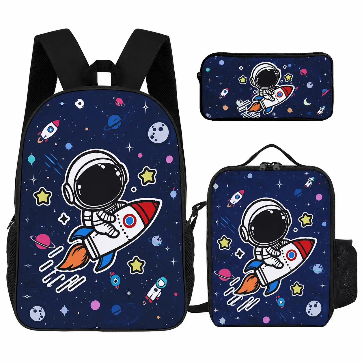 3 Set Galaxy Astronaut Space Pattern Backpack With Lunch Box & Pencil Case, Multiple Bookbag Options For Boys Teens School Daily Travel Use, Back To School Gifts