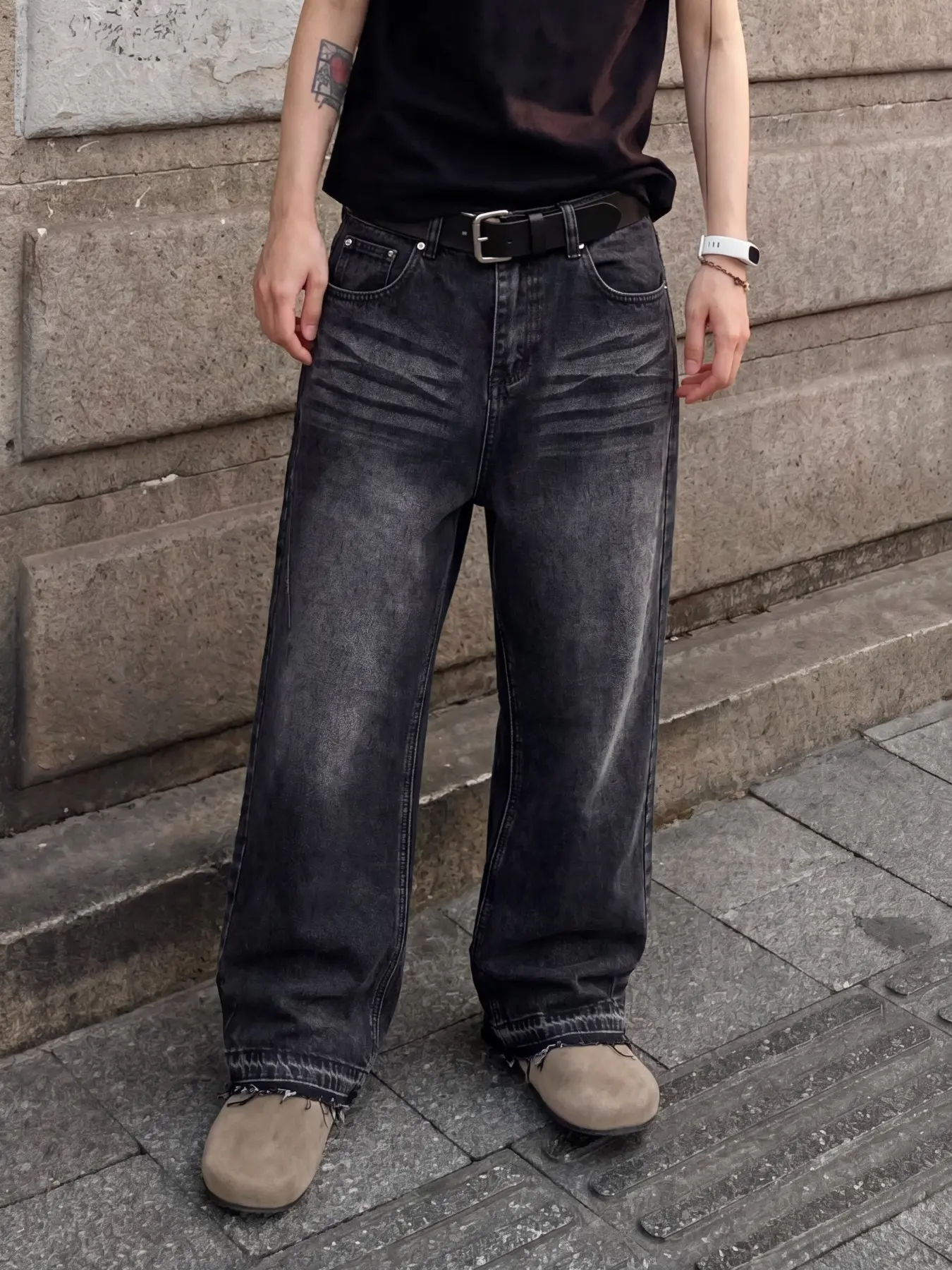 Men's Vintage Washed Bootcut Jeans, Frayed Hem Elastic Streetwear Casual Fit, All-Season Mid-Waist Denim Jeans Pants