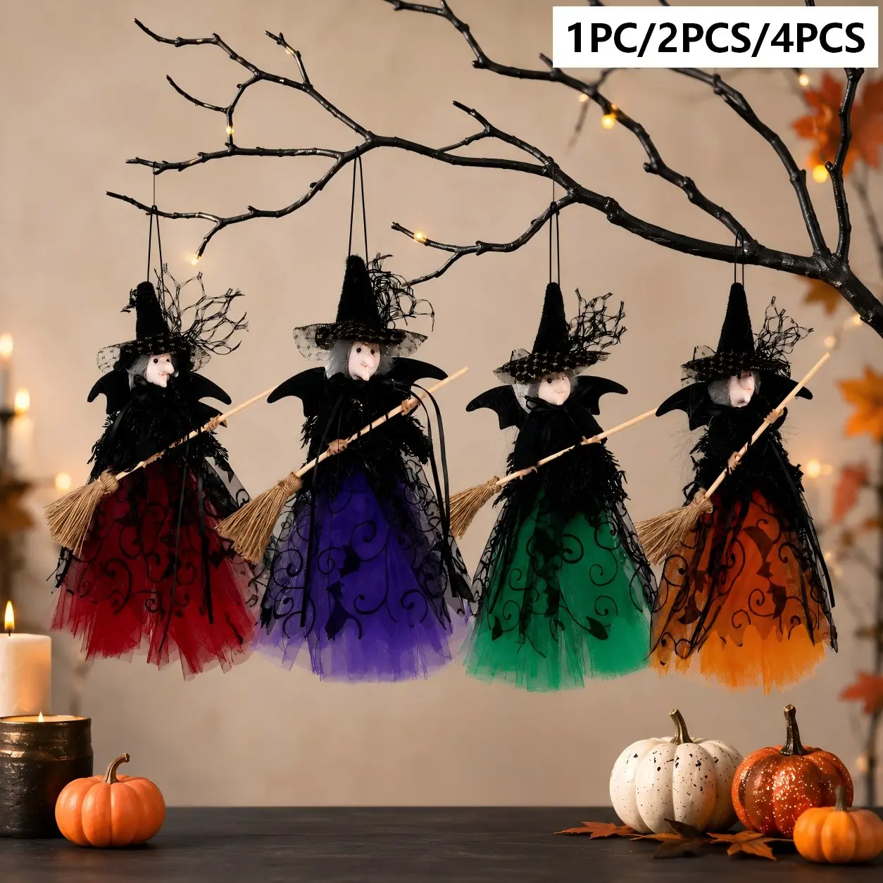 1/2/4pcs — Halloween Witch Pendant Doll, 11-Inch Spooky Dark Witch Broom Holiday Ornament, Home Festival Horror Decor, Christmas Tree Hanging Decoration