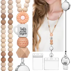 Teacher Lanyard with Id Holder, Retractable Lanyards for Id Badges, Cute Wooden Beaded Key Lanyard for Women, Light Orange