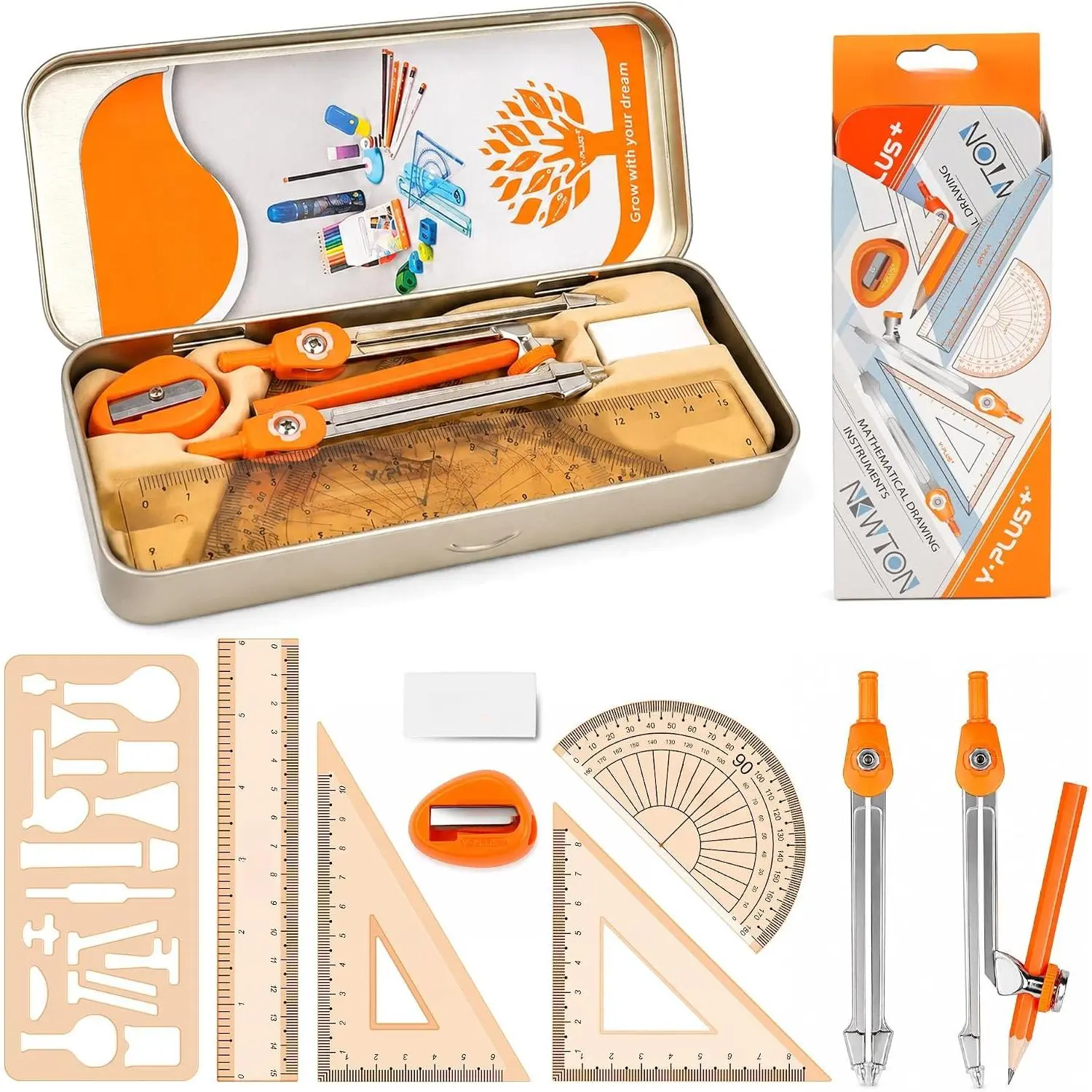 11-Piece Compact Drawing Kit for Students, Office Measuring Supplies - Metal Tools with Metal Case, Protractor, Formula Card, Rulers, Mechanical Pen, Compass Drawing Tool