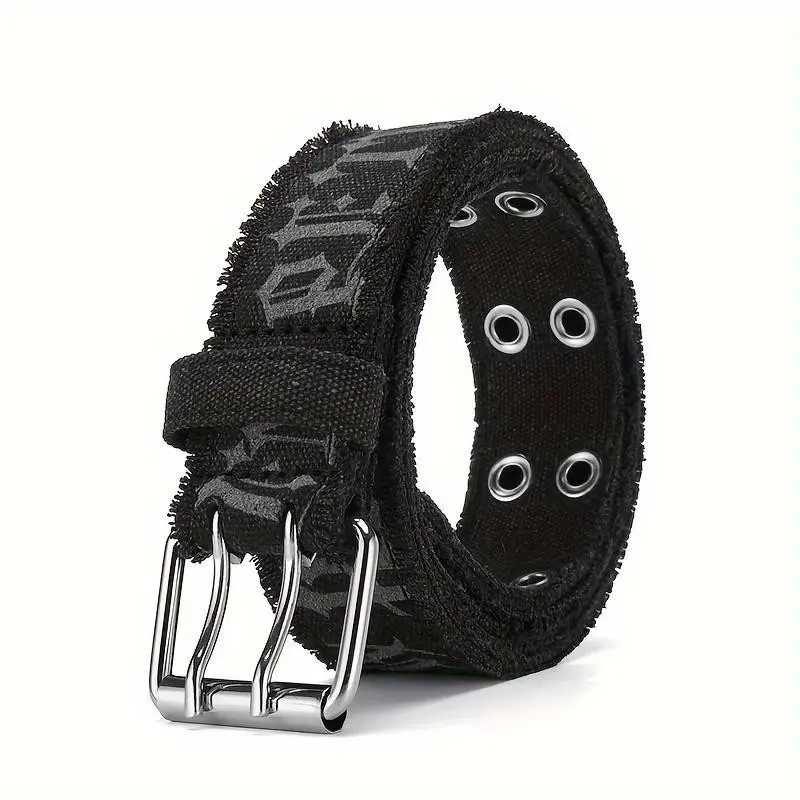 Men's Denim Belt Embossed Washed Design Double Buckle Trendy Casual Waistband