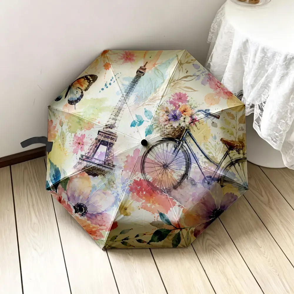 1PC Paris Eiffel Tower 2D Printed Folding Umbrella, external printing optional, featuring butterfly, floral, vintage bicycle motifs, ideal for daily use, travel, commuting, and various outdoor activities