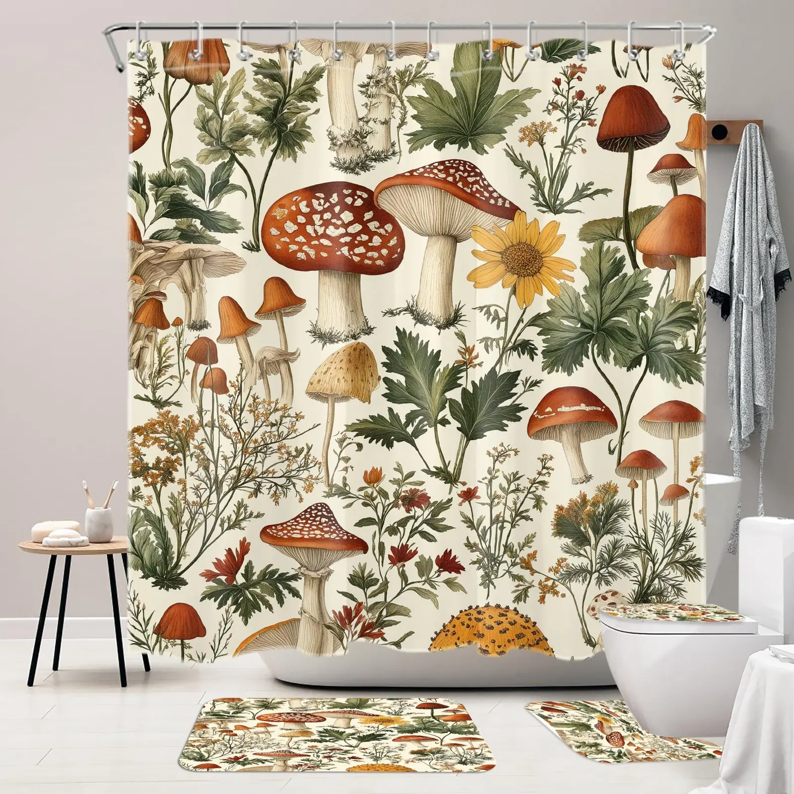 4PCS Flannel Polyester Mix Mushroom Motif Waterproof Bathroom Decor Set - Shower Curtain with Rugs, Vintage Botanical Home Bathroom Supplies