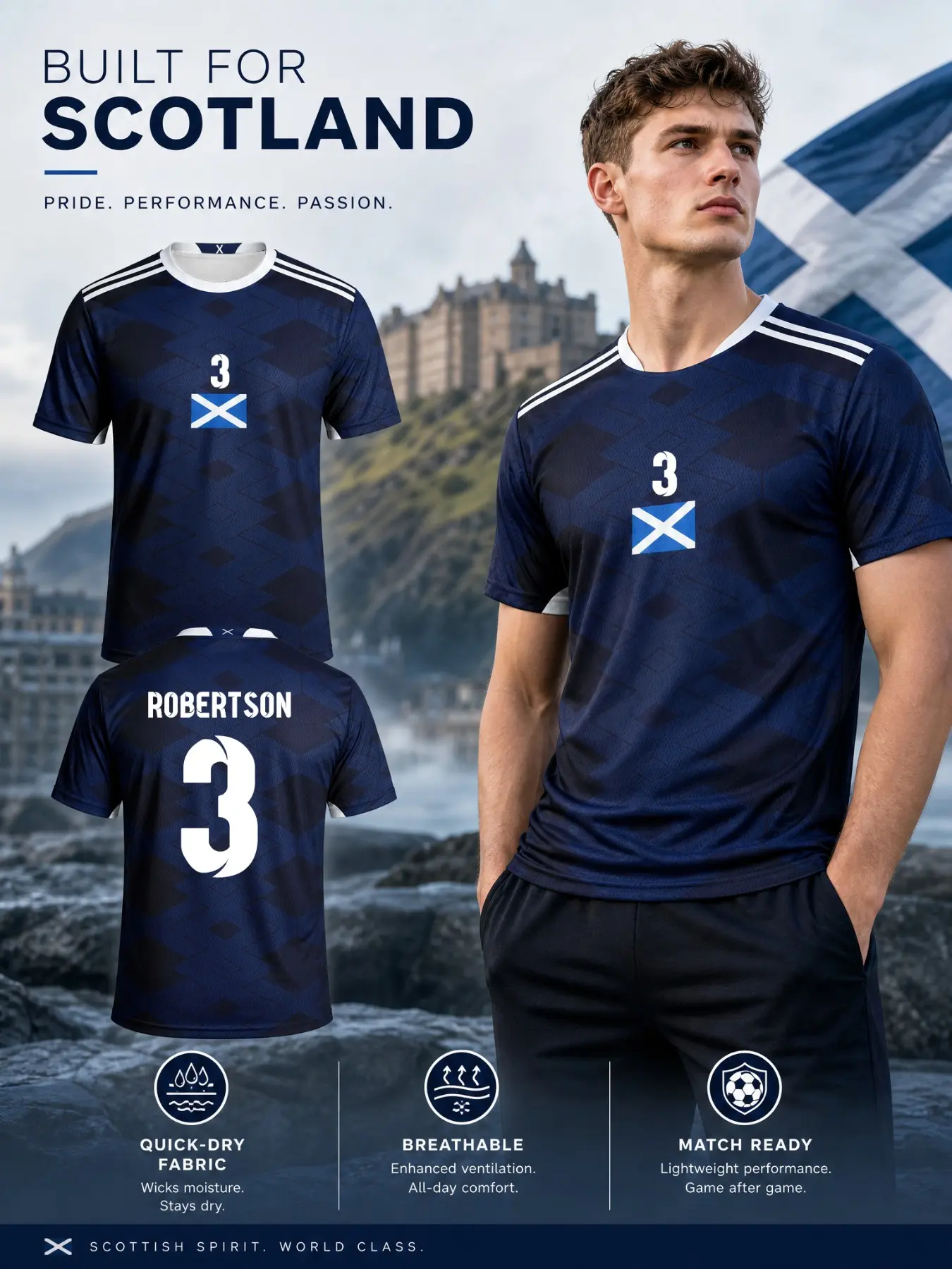 Scotland 2026 Men's Soccer Jersey Navy Blue Tartan Football Shirt - Quick-Dry Fabric Fan Sportswear Top - Scottish National Team Fan Apparel - Breathable Lightweight Tee Jersey Shirts