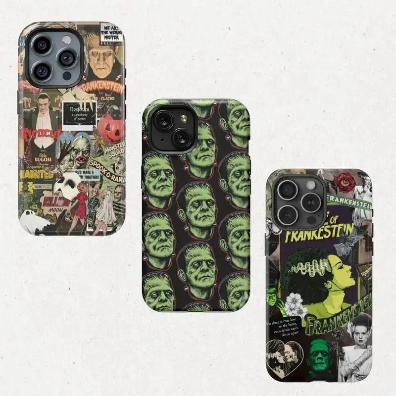 Frankenstein Colorful Classic Monsters Dracula Horror Goth Two-In-One Phone Case Durable And Trendy Protection For iPhone17 16, 15, 14, 13, 12 Plus, Pro, Max, and Samsung S26-22 Perfect Birthday Gift for Friends