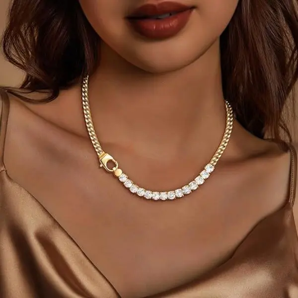 Women's Gold Cuban Link Tennis Choker Necklace, 2-Tone Oval Crystal Chain Clasp, Metal Coating Daily Statement Costume Jewelry for Females, Two-Tone