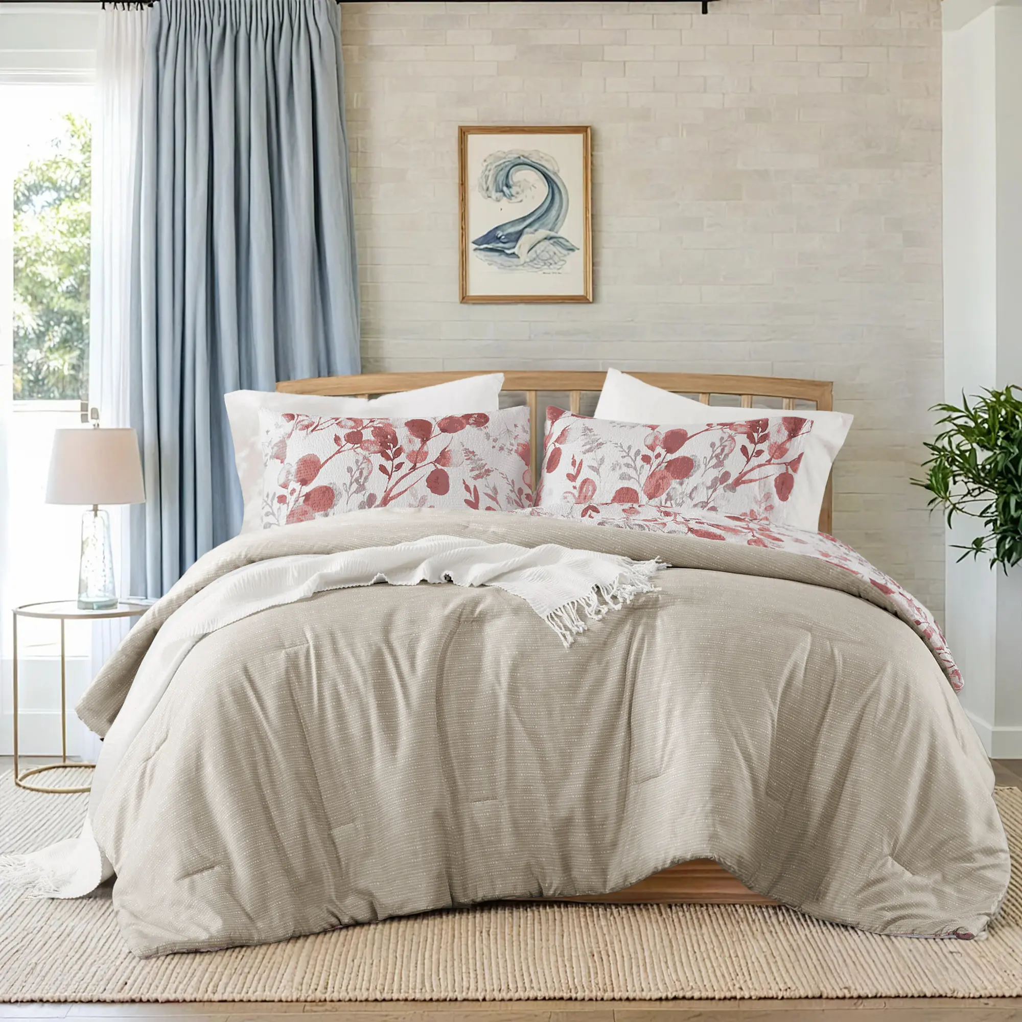 Nokaa 3-Piece Full/Queen Reversible Floral Botanical Seersucker Comforter Set, Pink, Lightweight Down Alternative Bedding for Bedroom, Guest Room, Dorm, All-Season Use, Machine Washable