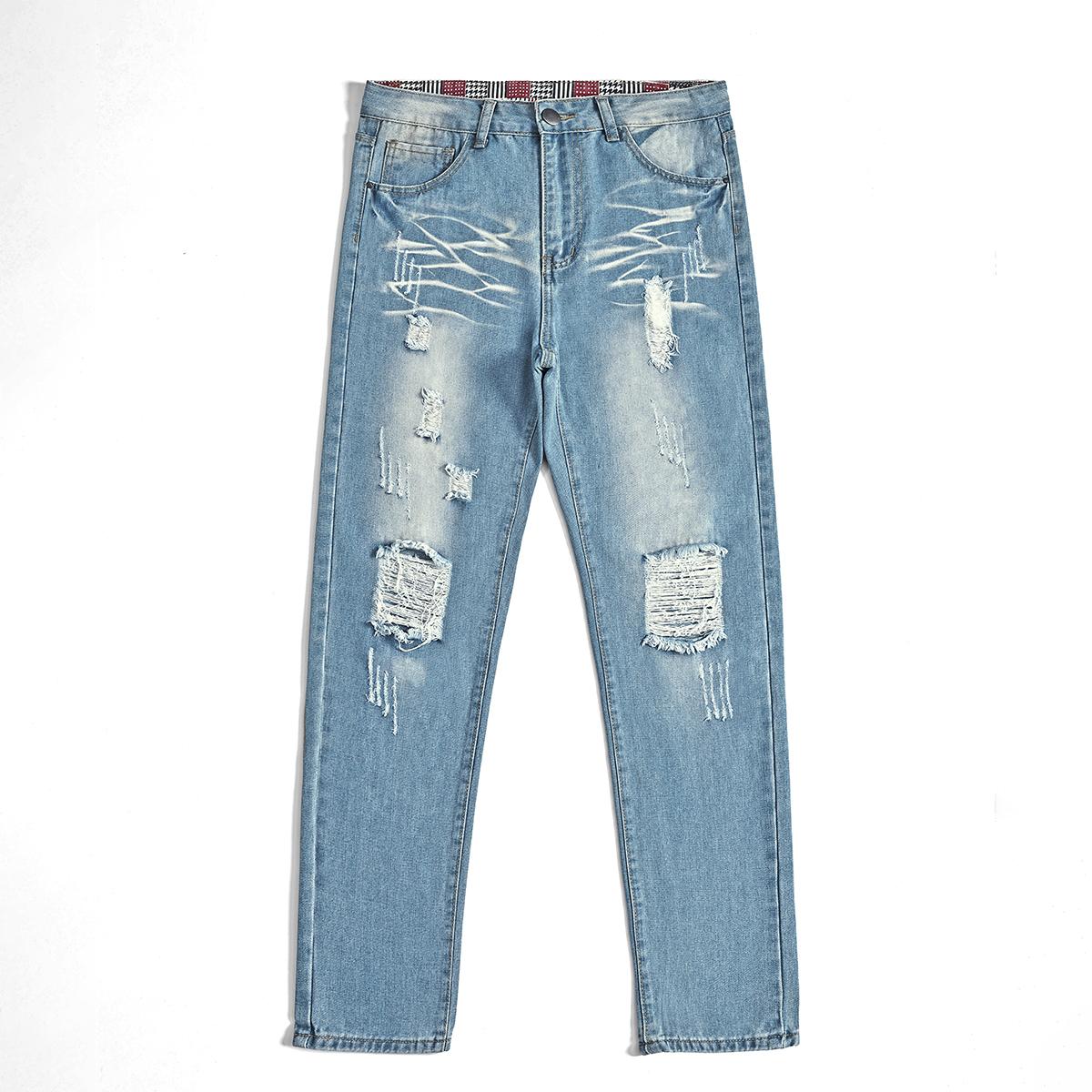 Light Blue High-Cotton Straight-Leg Jeans | Whiskering Distressed Denim