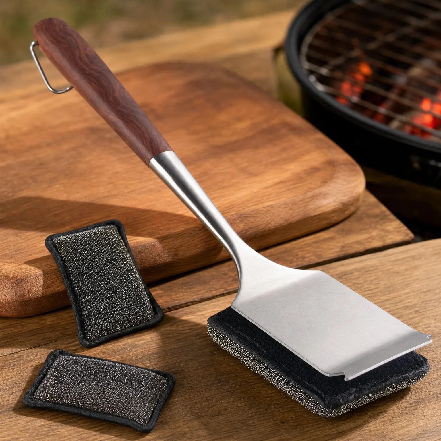 Bristle-Free Steam Clean BBQ Grill Brush Kit with Luxurious Long Rosewood Handle, 1 Replacement Head – Safe Outdoor Grill Cleaning – Great Gift for Men & DadGift