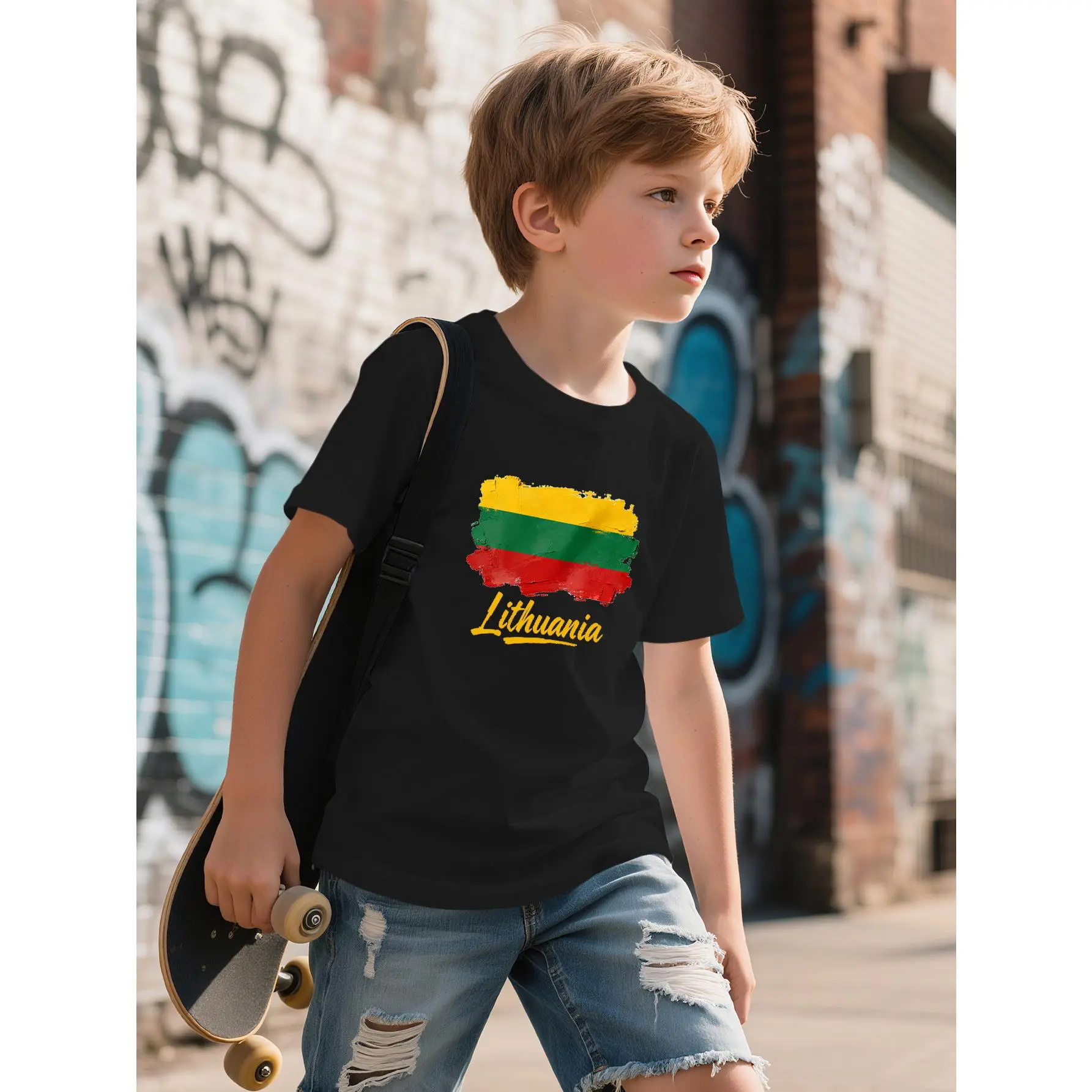 Boys' Lithuania Flag Print Casual Tee - Soft Stretchy Knit Fabric - Casual Round Neck - Festive Attire for Halloween,Christmas - Pink,Yellow,Green,Red - Sizes 3-4y,4-5y,5-6y,7-8y,9-10y,10-11y,11-12y,13y, 10 - 11 Years, Short Sleeve Tops, Casual Wear