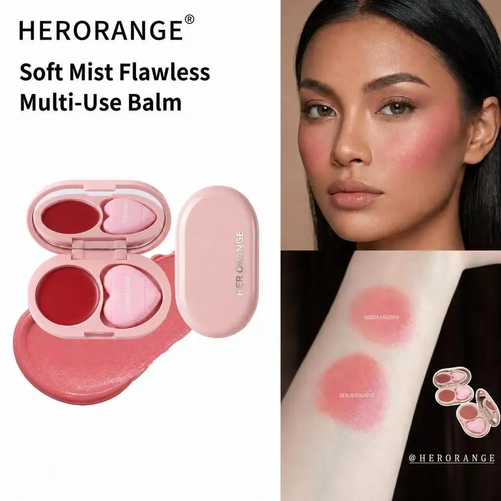 HERORANGE multi-use blush balm soft creamy texture easy to blend long lasting high pigment suitable for all skin tones for cheeks eyes lips built-in mirror with heart shaped mini puff skin-friendly, Gentle, non-absorbent precise application compact