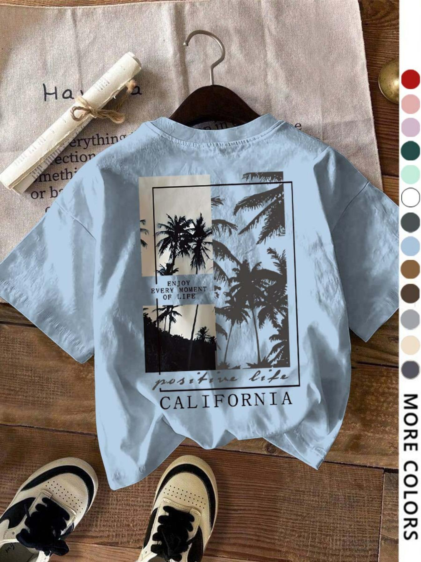 Women's Letter & Tree Print Round Neck Tee, Fashion Casual Short Sleeve T-shirt for Daily Wear, Ladies Summer Clothes