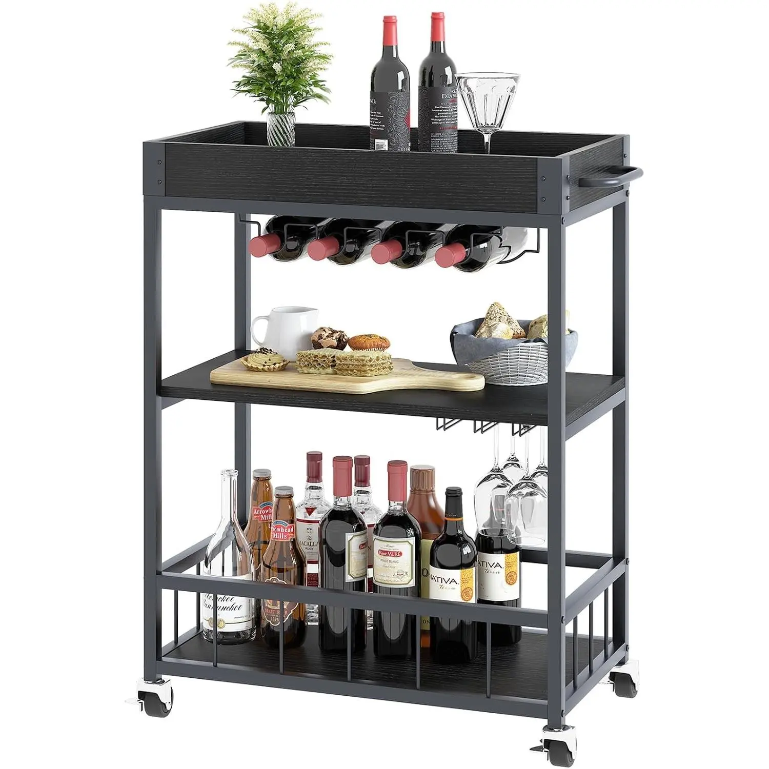 Bar Cart Serving Wine 3 Tier Home Rolling Rack with Wheels Mobile Kitchen Industrial Vintage Style Wood Metal Serving Trolley, Drink Cart for Living Room Kitchen