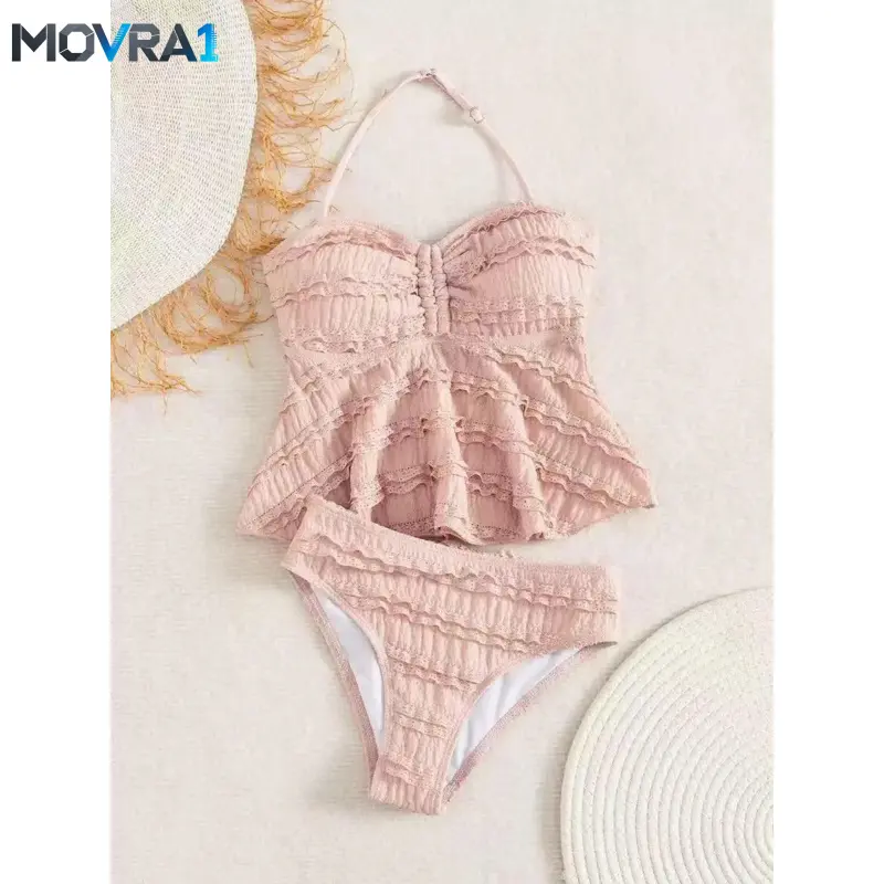 MOVRA1 Girls' 7-16 Years Solid Color Jacquard Polyester 2-Piece Swimsuit - Kids' Teen Beach Bathing Suit Set, Sizes 11-12,13-14,15-16, Two Piece Swimsuit