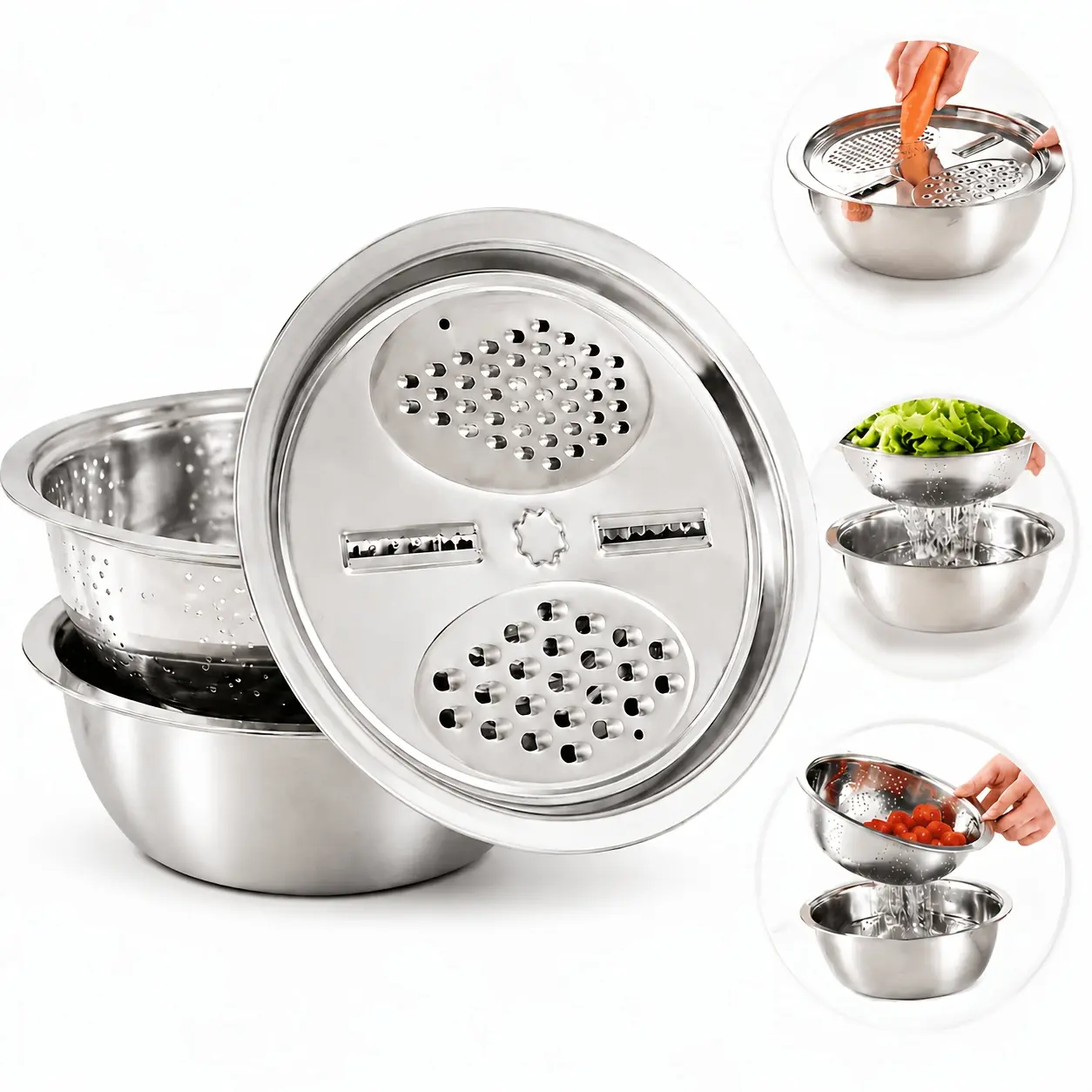 9-Inch 3-in-1 Stainless Steel Camp Kitchen Prep Set - Multi-Function Vegetable Cutter, Drain Basket, Mixing Bowl with Slicer Grater, Dishwasher Safe