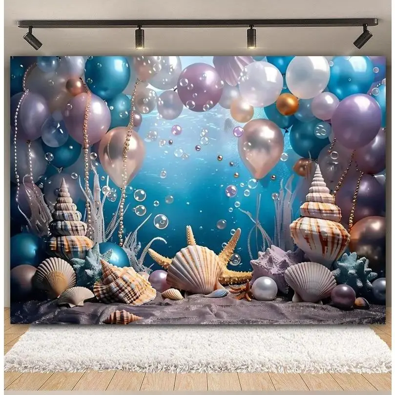 Mermaid Underwater Castle Backdrop Background Cloth, Ocean Fantasy Tapestry Wall Hanging Photography Background Premium Polyester Fabric, Girls Birthday Party Decor, Baby Shower Event, Photo Booth Prop, Studio Background