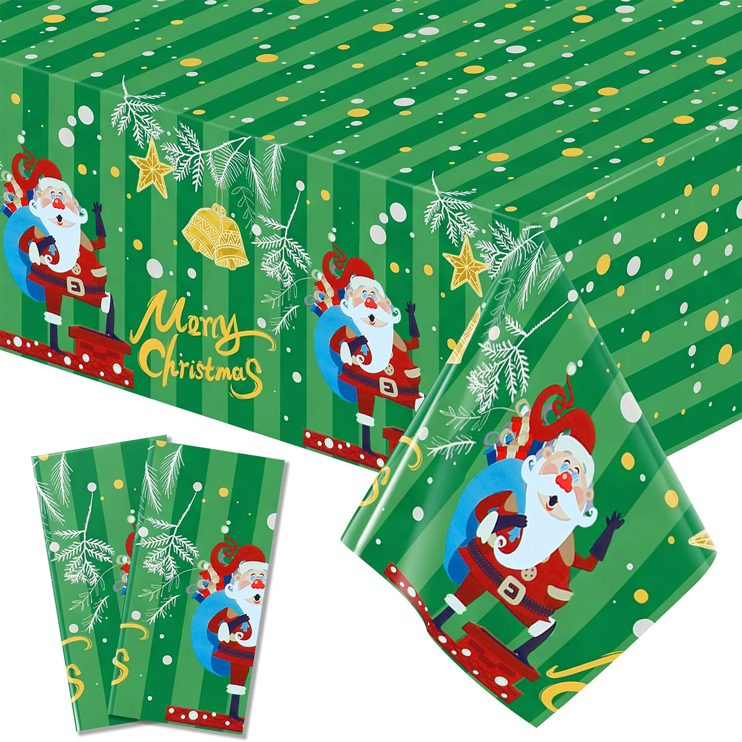 1/3 Pcs Disposable Waterproof Aluminum Foil Christmas Rectangle Tablecloth, 54×72/54×108 Inch Green Stripe Santa Bell Merry Christmas Print Decorative Table Cover for Holiday Dinner, Family Gathering and Christmas Party Decorations