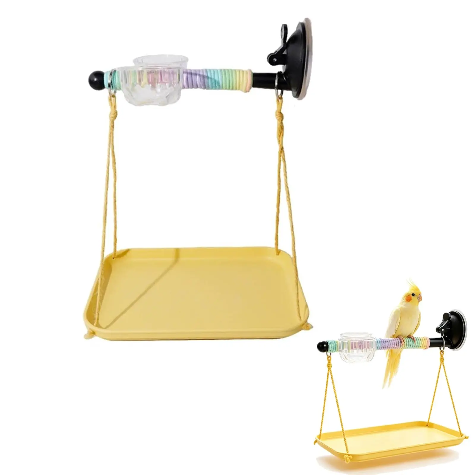 Bird Window Perch with Waste Collector, Non-Slip Column, Space-Saving, Suitable for Parrots, Lovebirds, Indoor/outdoor Use, Car Play
