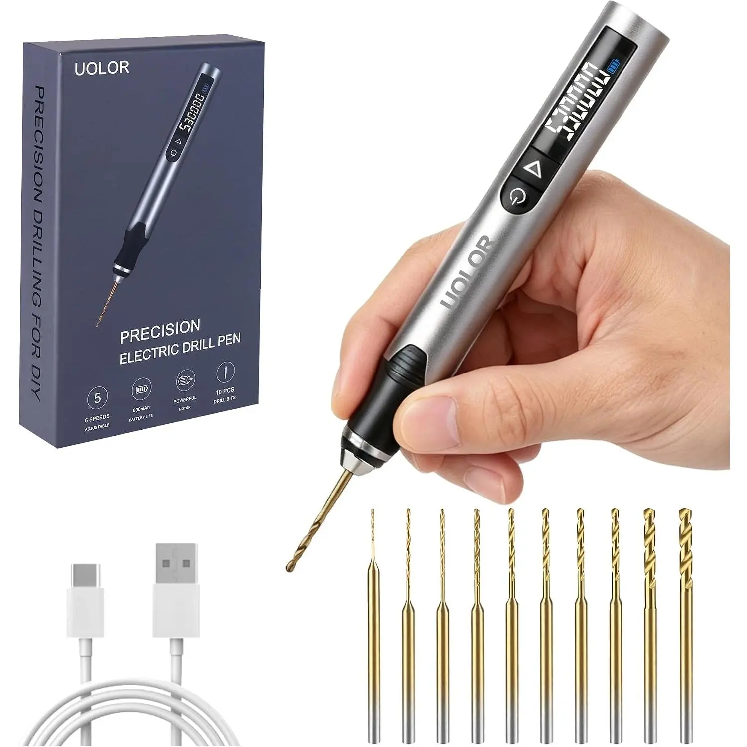 Upgraded Mini Electric Drill Pen, Smart Precision Electric Hand Drill Rechargeable 5-Speed 30,000 RPM High Torque, Micro Drill Set, 10 HSS Bits, for Jewelry Making Stone Plastic Resin DIY Craft