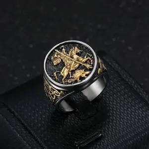 New European and American cross-border ring: Titanium steel/stainless steel vacuum gold-plated Saint George Dragon-Slashing Knight men's ring