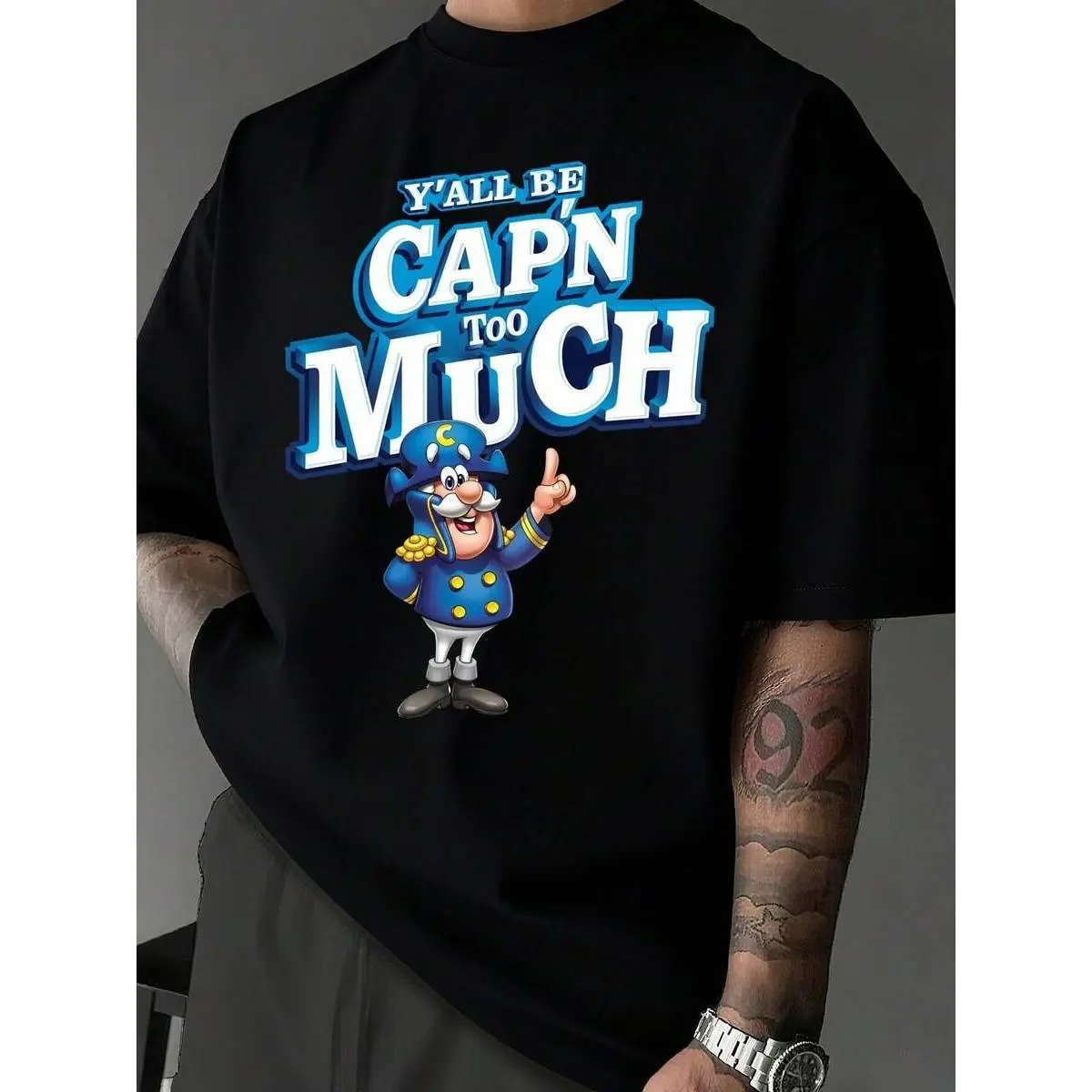 Men’s Short-Sleeve Round Neck Stretch Menswear T-Shirt - 100% Soft Cotton Unisex Casual Crew Neck Tee with "Y’all Be Cap’n Too Much" Funny Graphic, Perfect Gift for Him, Streetwear Daily Outfit (Brunson Cotton Tee), Top, Casual Wear, Funny Quote