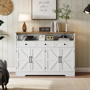 Garvee 51" Farmhouse Buffet Sideboard Cabinet with 4 Doors, 3 Drawers, Open Shelf & Adjustable Shelves, Kitchen Storage Pantry Cabinet with Power Outlets Kitchen, Dining Room, Living Room, White