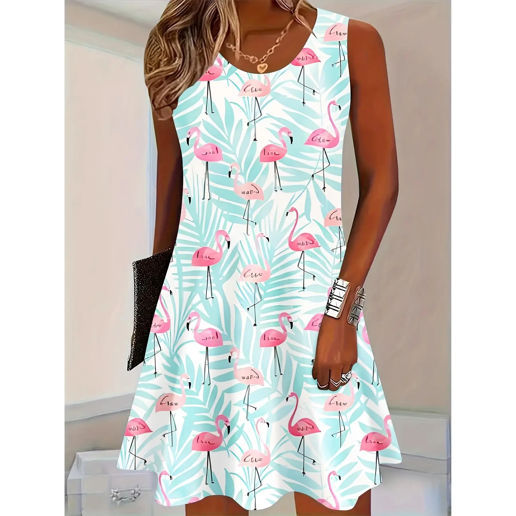 Women's Casual Maxi Dress with Flamingo Print, Sexy Sleeveless Round Neck Bodycon, Stretchy Fabric for Summer Beach Vacations, Outdoor, Women's Clothes, Crew Neck, Hand Wash, Polyester Blend, Outfits, Long Length, All Seasons, Spandex, Comfortable, Sexy B
