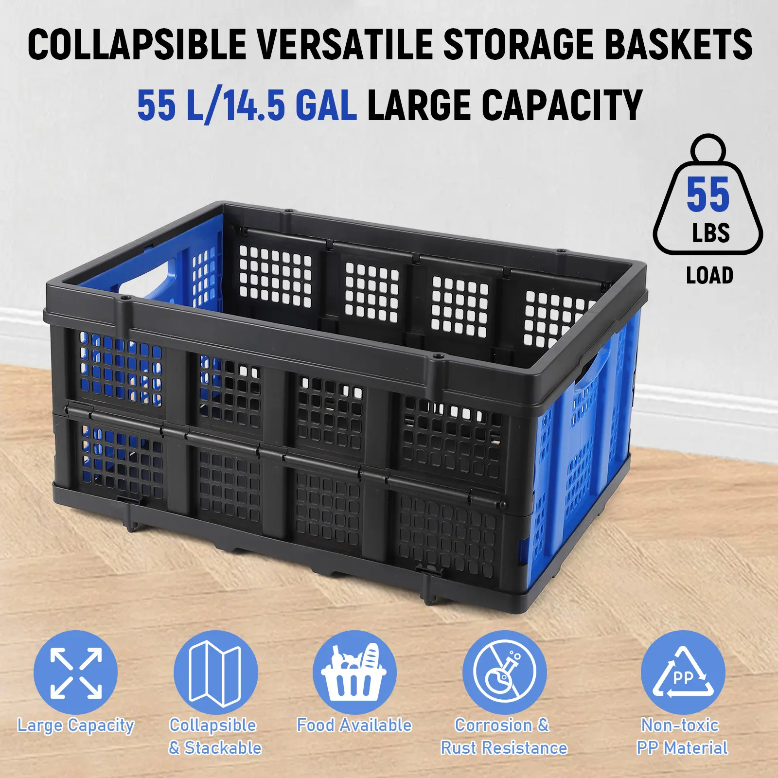 Collapsible Plastic Crate, Foldable Storage Basket, Stackable Utility Crate with Handle, Heavy Duty Milk Crate