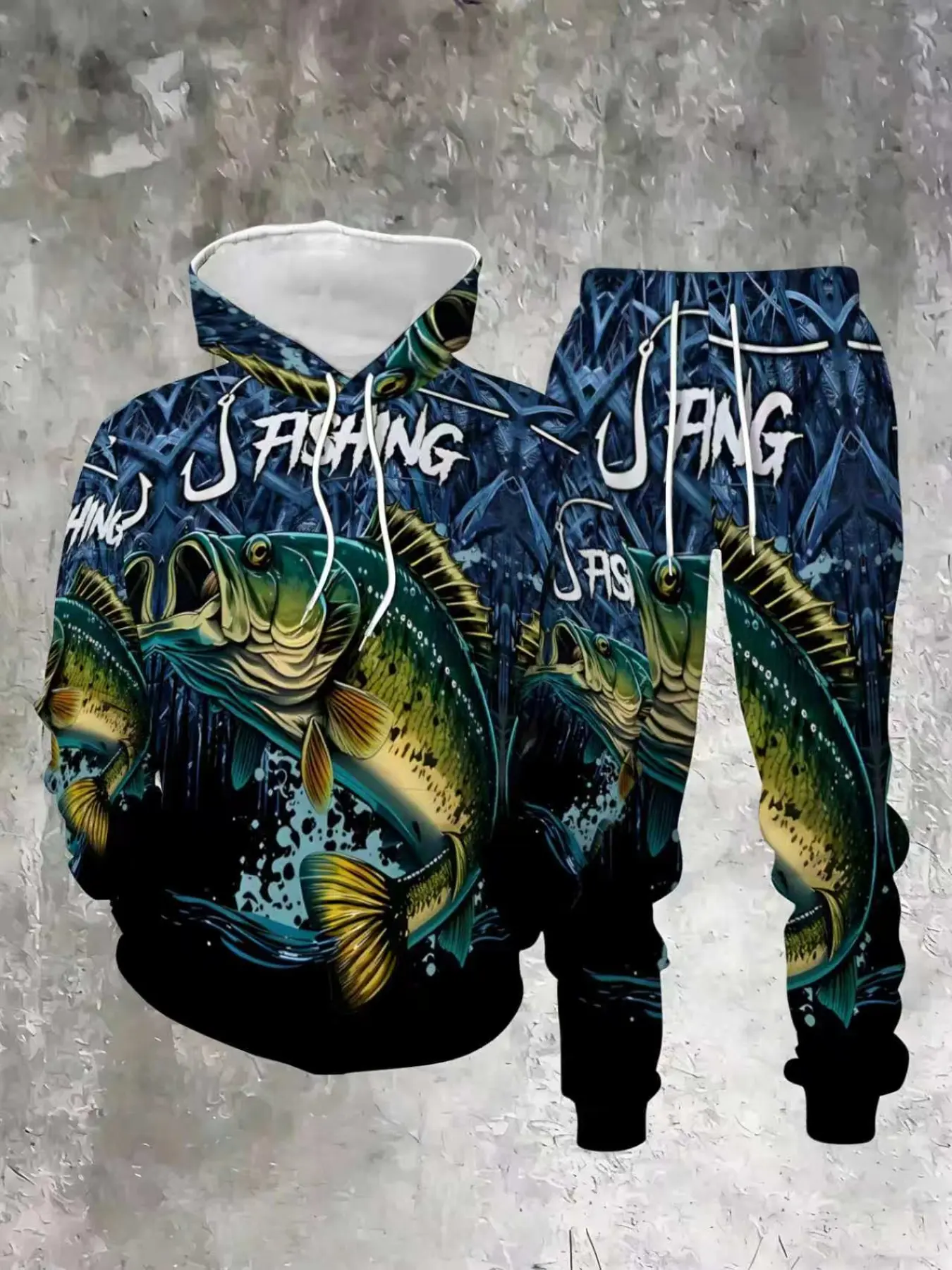 Men's Bass Fishing Theme Full Print Two-Piece Set, Hooded Sweatshirt and Drawstring Pants, Casual All-Season for Anglers