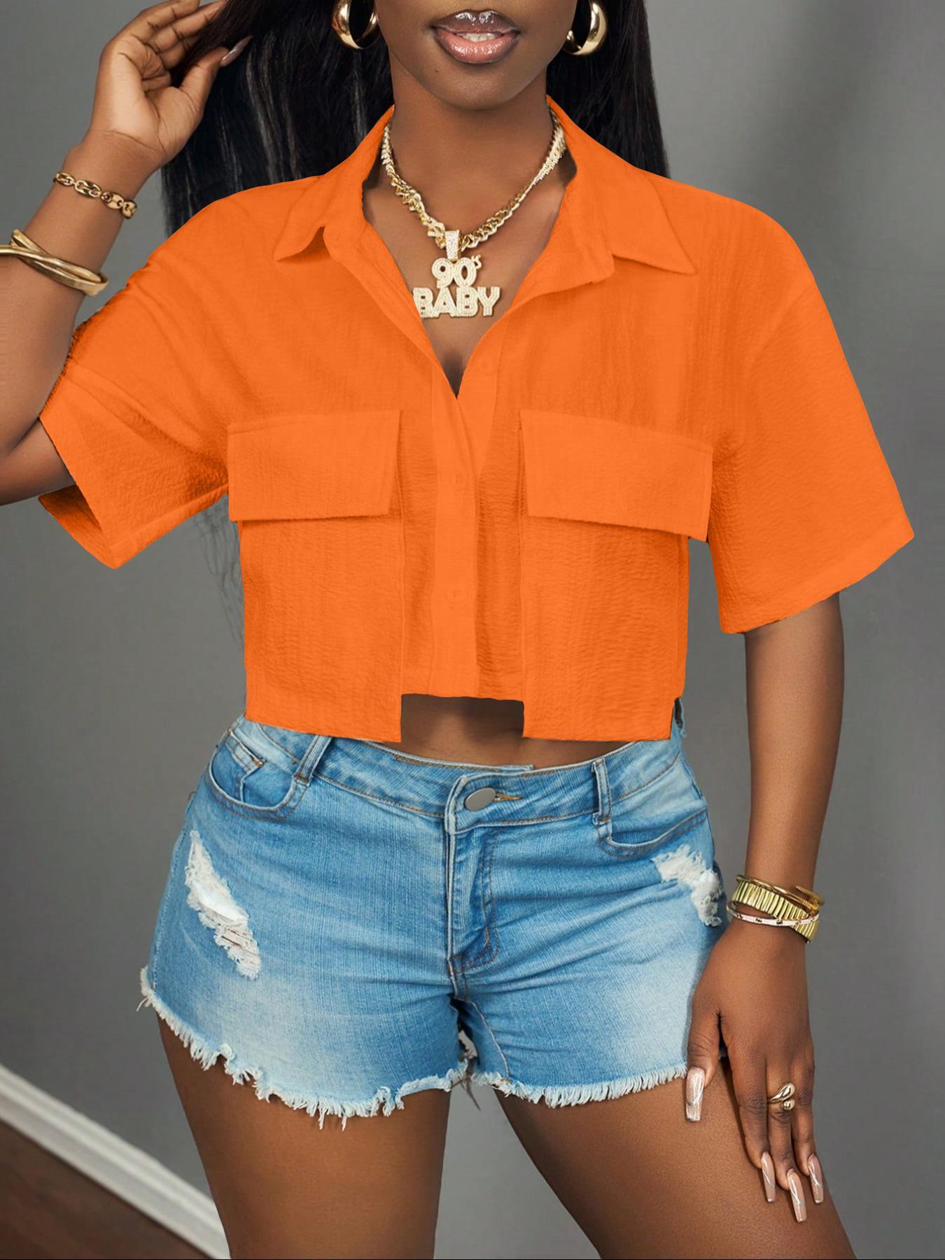 Women's Solid Color Short Sleeve Shirt, Casual Elastic Pocket Design Crop Top for Summer, Women's Clothing for Daily Wear, Casual Comfy Shirt