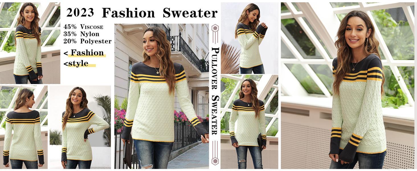 PASLTER Women Autumn Winter Colorblock Pullover Sweaters Round Neck Striped Slim Fitting Knitwear Tops Crewneck Womenswear