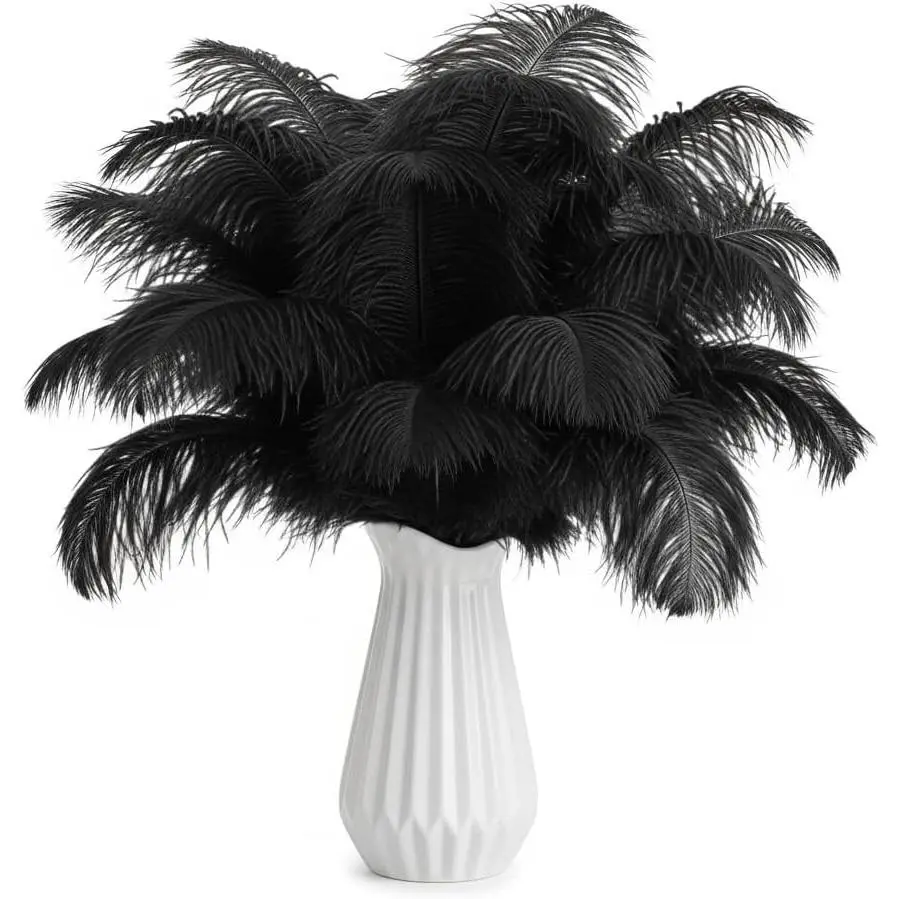 20Pcs 8-10'' Black Ostrich Feathers Bulk for Wedding Party Crafts Carnival Mother's Day Bohemian Home Floral Decoration Black