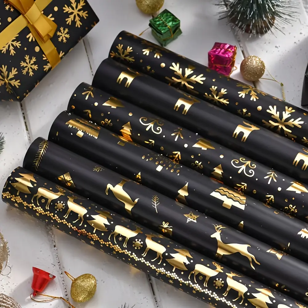 Gold Christmas Wrapping Paper Set, Vintage Reindeer Snowflake Tree Design, Holiday Gifts Birthday Celebrations Party Decor