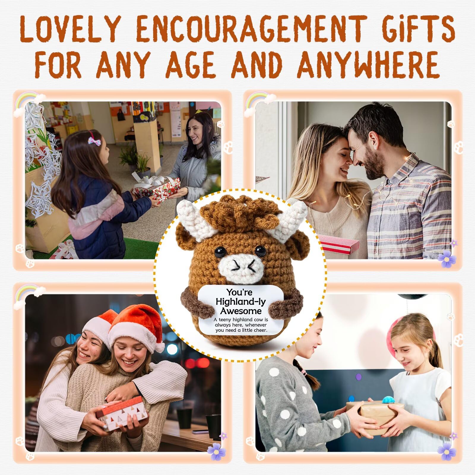 Cute Handcrafted Highland Cow Knit Plushie,Ultra Soft Fluffy Stuffed Animal,Squishy Relaxing Toy for Anxiety Relief,Adorable Bag Keychain Pendant,Perfect Festival Gift for Family Friends,Desk Bedroom Car Decor,Unique Handmade Crochet Cow Doll