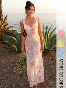 Women's Ditsy Floral Print Lace Insert  Dress, Summer Clothes Women, Boho Sleeveless Long Dress for Beach Holiday Vacation, Ladies Summer Clothes, Backless Crisscross Dress