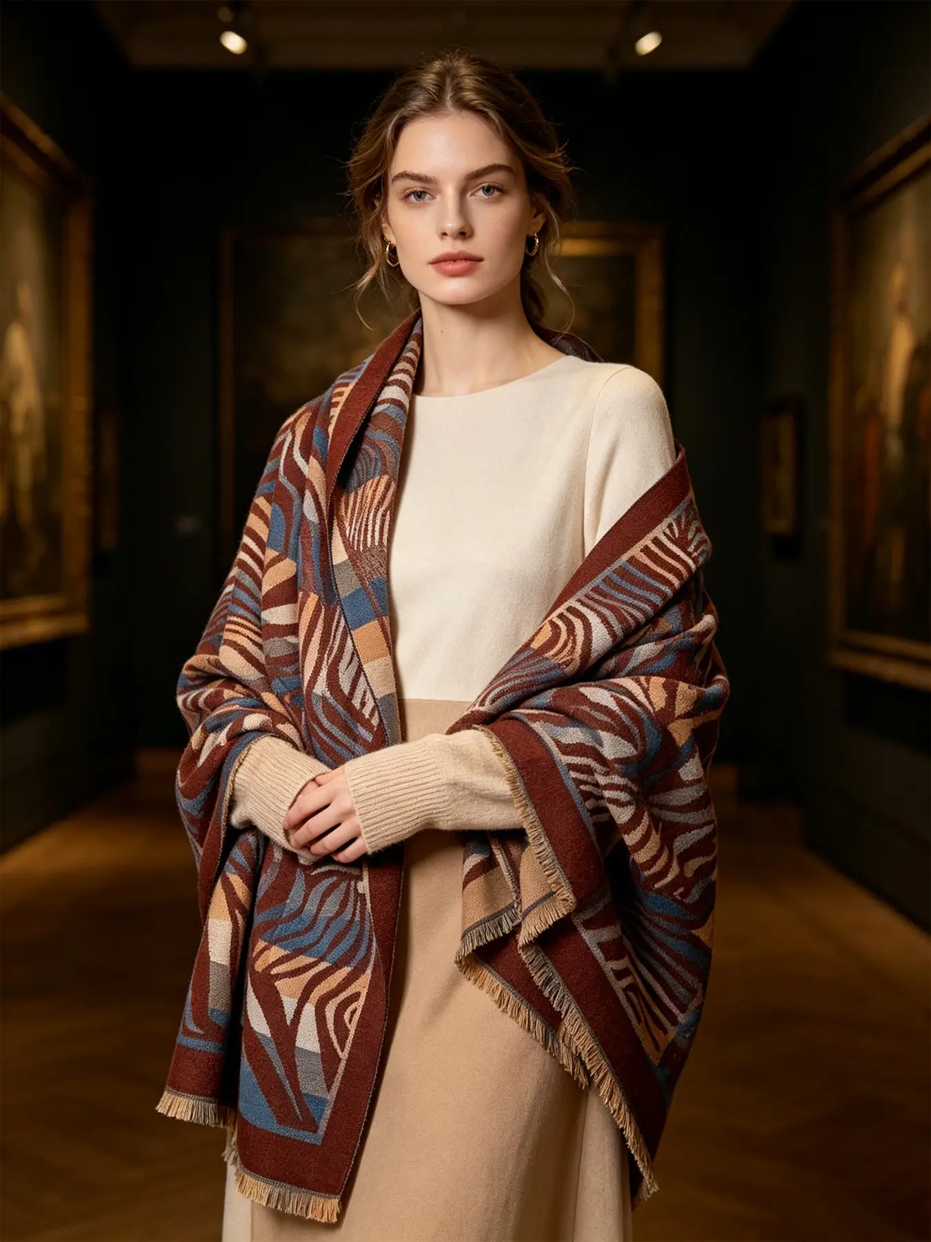 Retro Blue Zebra Stripe Blanket Scarf, Luxe Soft Cashmere Feel Reversible Shawl, Essential Back to School & Christmas Gift